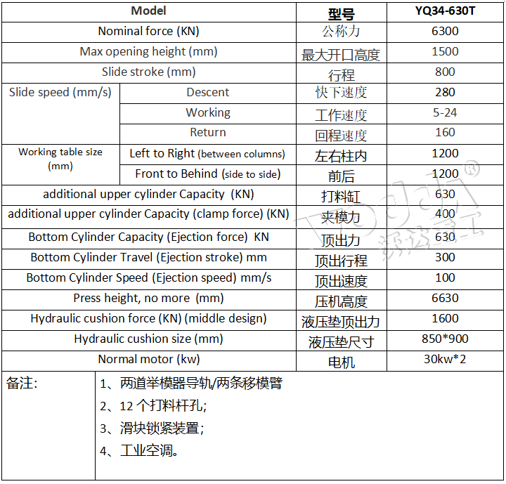 630噸框架式液壓機參數